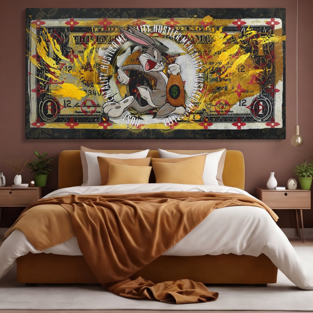 Tablou canvas cu tablou canvas cu dolar si bugs bunny, fara rama, pe sasiu de lemn, pe perete intr-un dormitor